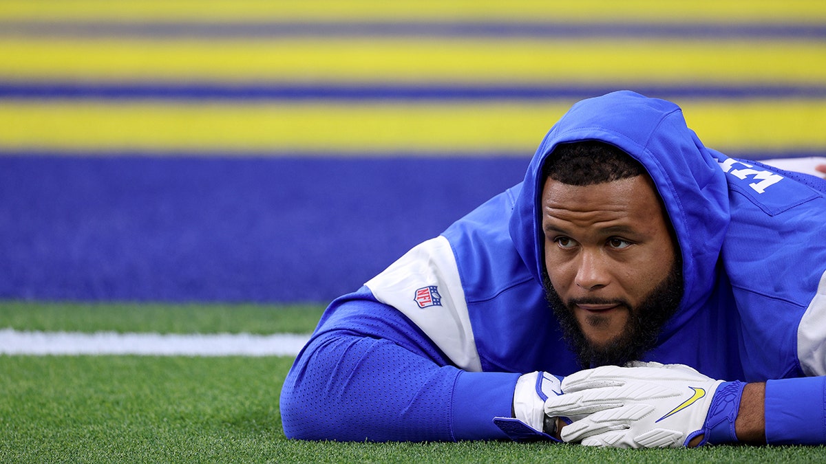 Aaron Donald of the Los Angeles Rams during warmup before the game against the Arizona Cardinals during the NFC Wild Card at SoFi Stadium on Jan. 17, 2022 in Inglewood, California.