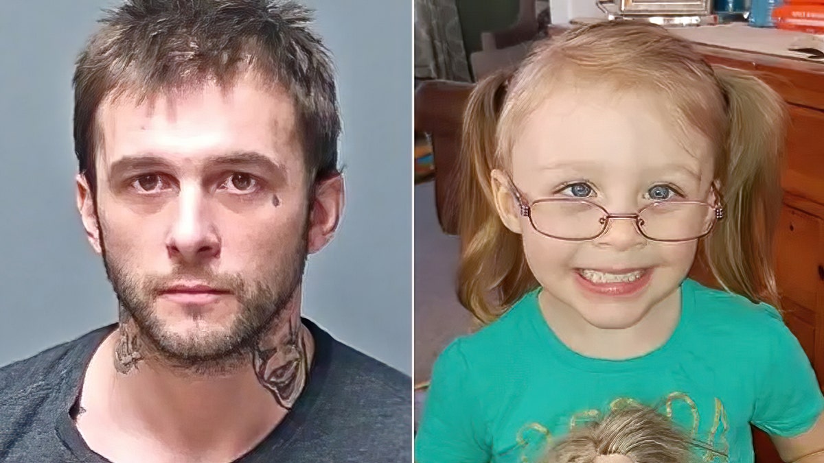 Adam Montgomery, who police arrested this week on child abuse and endangerment charges in connection with an alleged assault on his daughter from 2019 and her disappearance. Right: Missing Harmony Montgomery