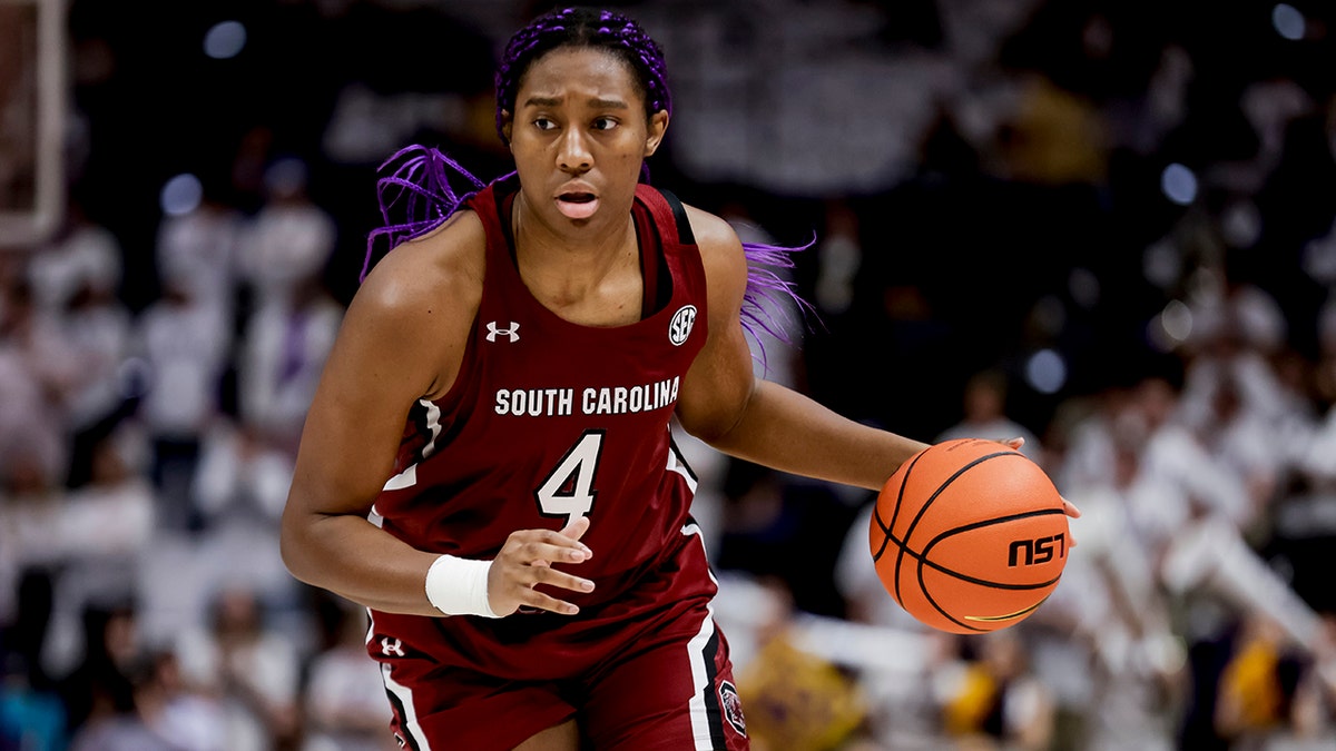 South Carolina forward Aliyah Boston bring the ball up against LSU during the first half of an NCAA college basketball game in Baton Rouge, La., Thursday, Jan. 6, 2022.