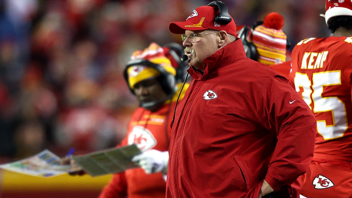 Head coach Andy Reid of the Kansas City Chiefs looks on from the sidelines against the Buffalo Bills during the fourth quarter in the AFC Divisional Playoff game at Arrowhead Stadium on January 23, 2022 in Kansas City, Missouri.