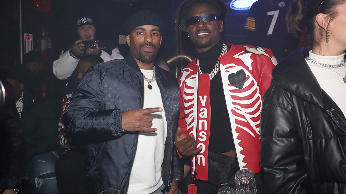 DJ Clue and Antonio Brown attend Antonio Brown's single release party at Sins of Sapphire on January 09, 2022 in New York City.