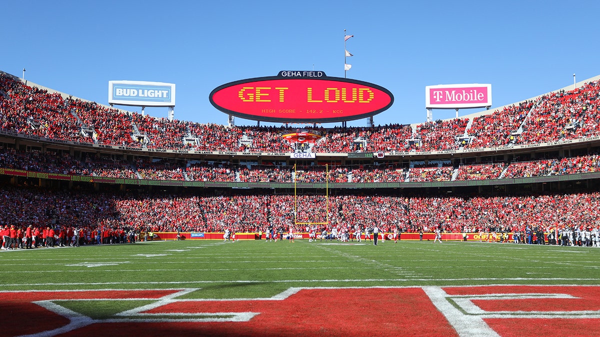 A wide view from the end zone as the scoreboard implores the crowd to Get Loud in the fourth quarter of an NFL game between the Las Vegas Raiders and Kansas City Chiefs on Dec 12, 2021, at GEHA Field at Arrowhead Stadium in Kansas City, Missouri.