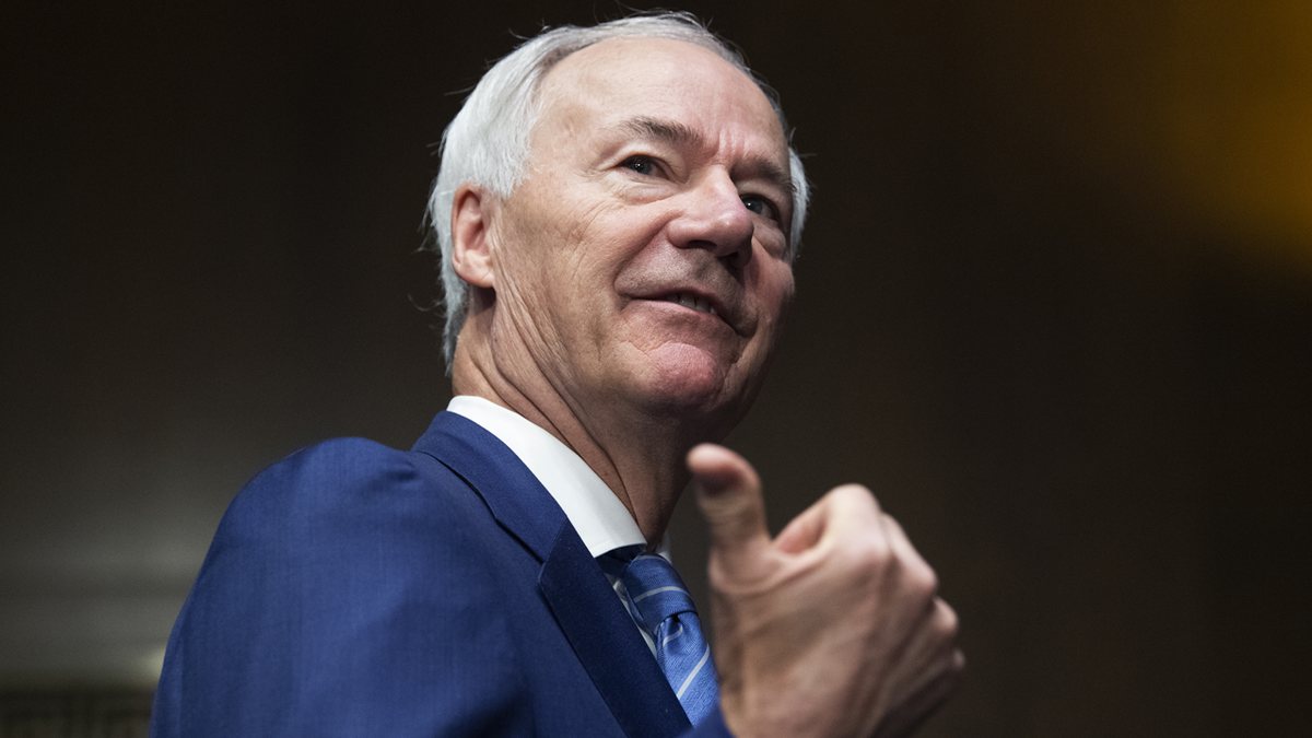 Arkansas Gov. Asa Hutchinson prepares to testify during the Senate Judiciary Committee hearing. (Photo By Tom Williams/CQ-Roll Call, Inc via Getty Images)