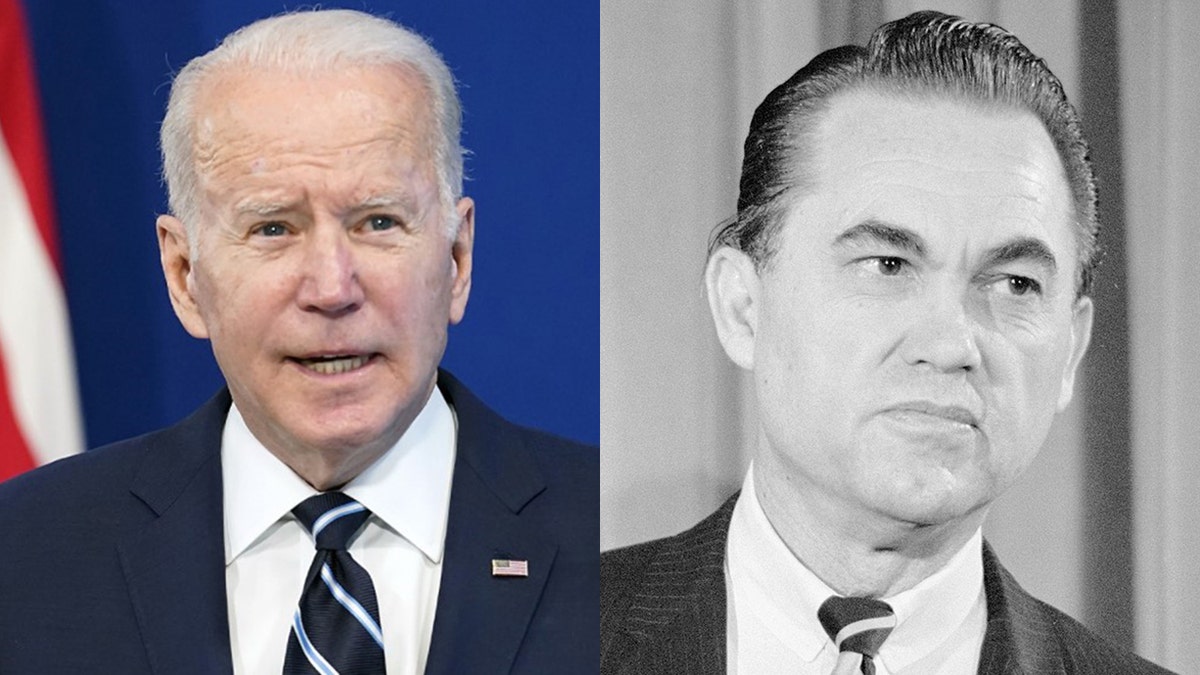 President Biden, left, and Ex-Alabama Gov. George Wallace, both Democrats, are shown in this composite photo. (Marion S. Trikosko/PhotoQuest/Getty Images)