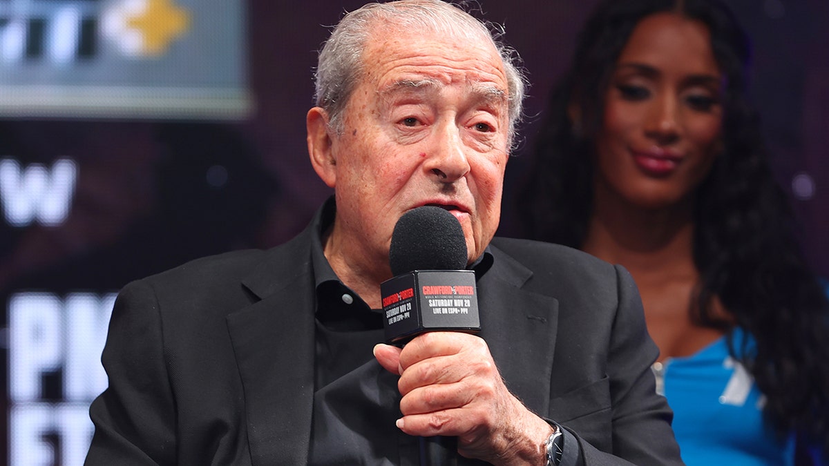 Bob Arum speaks during the Terence Crawford vs Shawn Porter undercard press conference at Islander Ballroom at Mandalay Bay Hotel & Casino on November 18, 2021 in Las Vegas, Nevada.