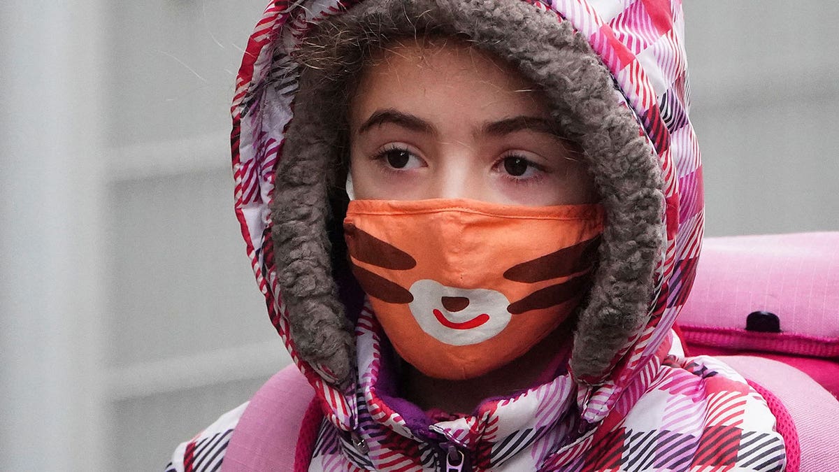 A child wearing a face mask arrives at school, during the coronavirus disease (COVID-19) pandemic, in the Manhattan borough of New York City, New York, U.S., January 5, 2022.