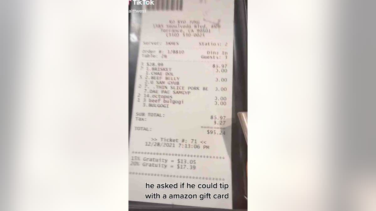 Lombera told Fox News that the waiter laughed, so her older sister decided to give him a tip on her card, rather than with the Amazon card.
