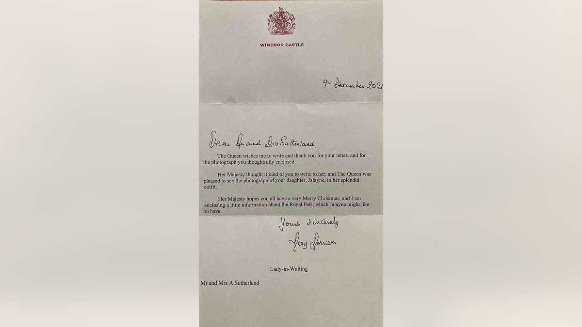 After friends and family encouraged Sutherland to share the adorable photos with Queen Elizabeth, Sutherland told Fox that she wrote a letter to the Queen with the pictures enclosed, "on a whim." The family received a letter back from Windsor Castle in December.