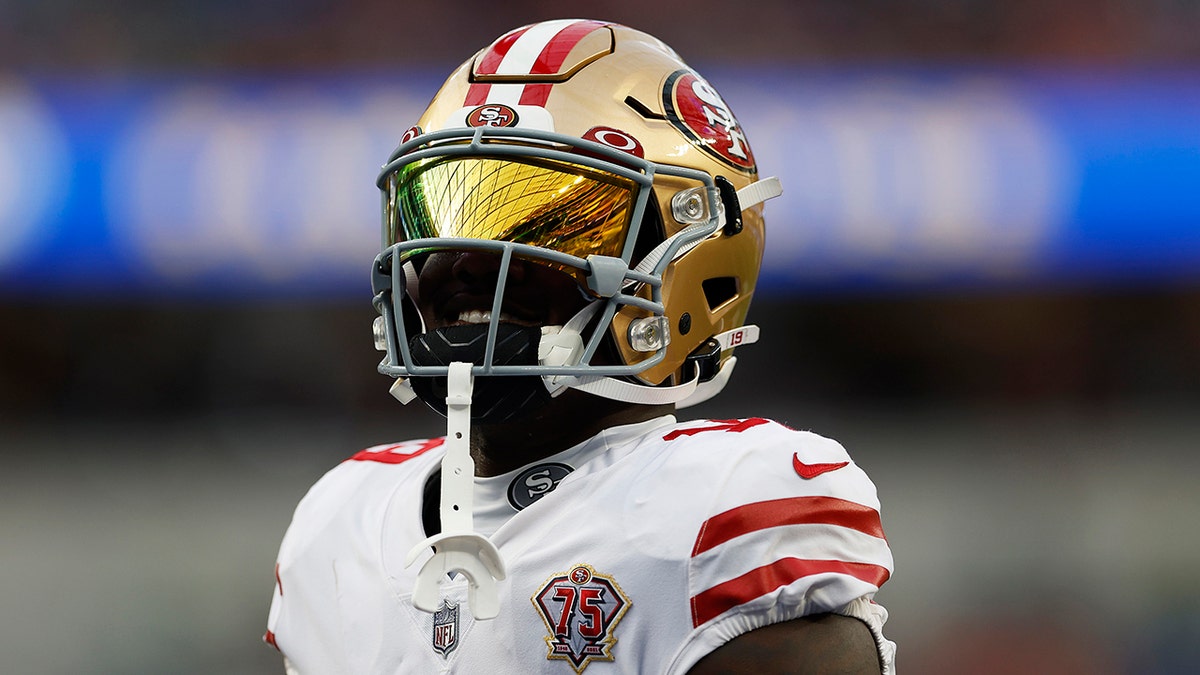 Deebo Samuel of the San Francisco 49ers looks on during warm-ups before the NFC Championship Game against the Los Angeles Rams at SoFi Stadium on Jan. 30, 2022, in Inglewood, California.