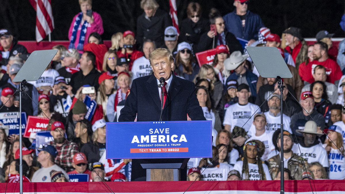 Former President Trump speaks to a crowd a rally at the Montgomery County Fairgrounds on Saturday, Jan. 29, 2022 in Conroe, Texas.?