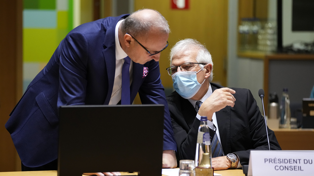 European Union foreign policy chief Josep Borrell, right, speaks with Croatia's Foreign Minister Gordan Grlic Radman during a meeting of EU foreign ministers at the European Council building in Brussels, Belgium, on Monday.