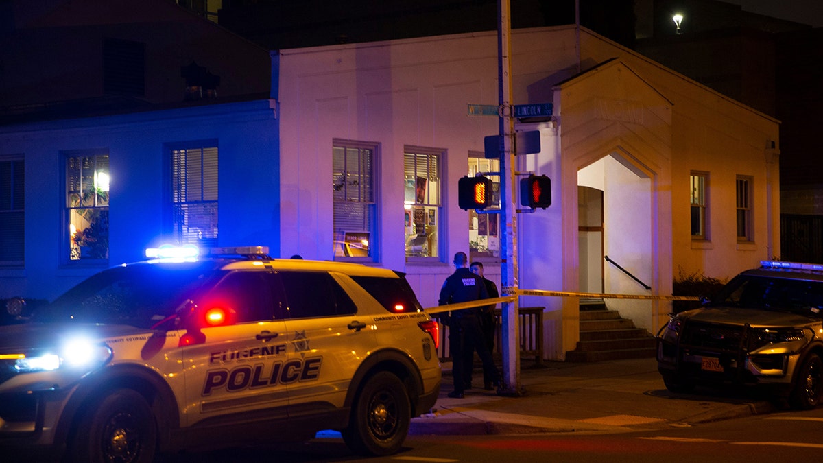 Eugene Police secure the scene of a shooting outside the WOW Hall in Eugene Friday night.