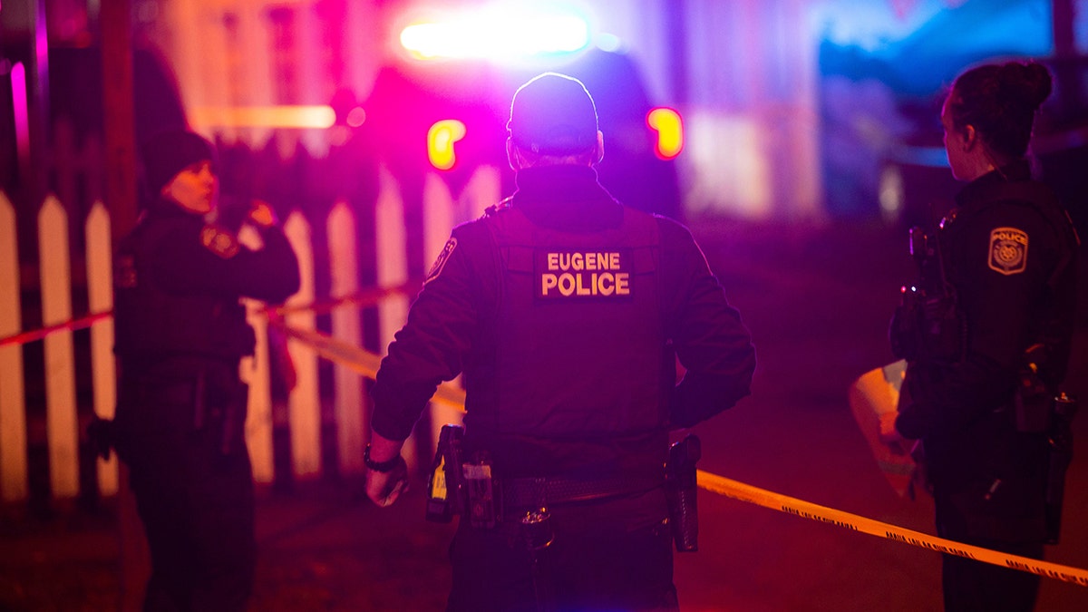 Eugene Police secure the scene of a shooting outside the WOW Hall in Eugene, Oregon, on Friday night