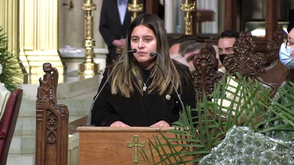 Dominique Luzuriaga, widow of fallen NYPD Det. Jason Rivera, delivers her eulogy on Friday, Jan. 28, 2022, at St. Patrick's Cathedral in midtown Manhattan. When she learned that two police officers in Harlem had been shot last week, she said she texted her husband immediately and asked him, "Are you okay?" She never received a response.  