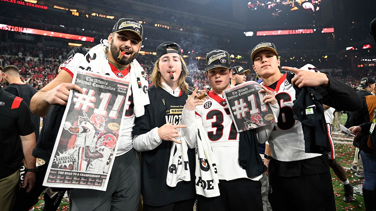 Jan 10, 2022; Indianapolis, IN, USA; Georgia Bulldogs players after defeating the Alabama Crimson Tide during the 2022 CFP college football national championship game at Lucas Oil Stadium.