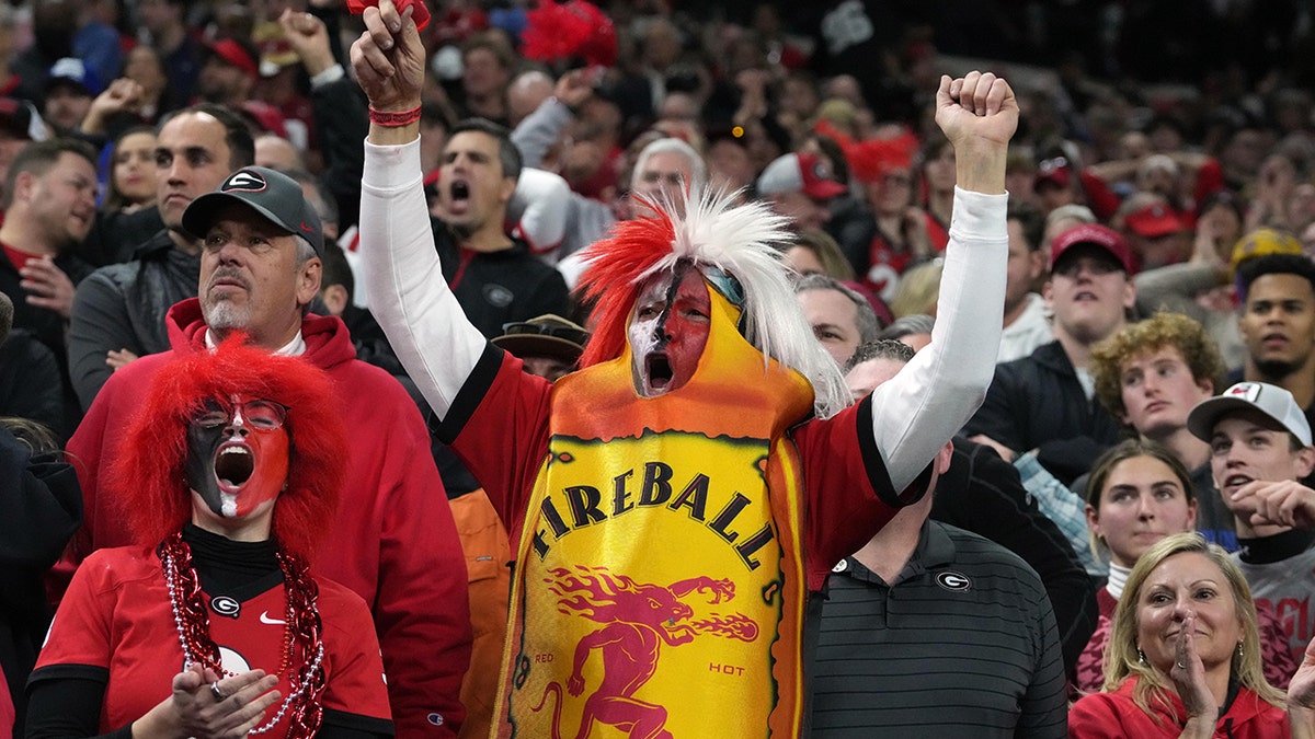 Georgia Bulldogs fans celebrate during the fourth quarter of the 2022 CFP college football national championship game against the Alabama Crimson Tide at Lucas Oil Stadium.