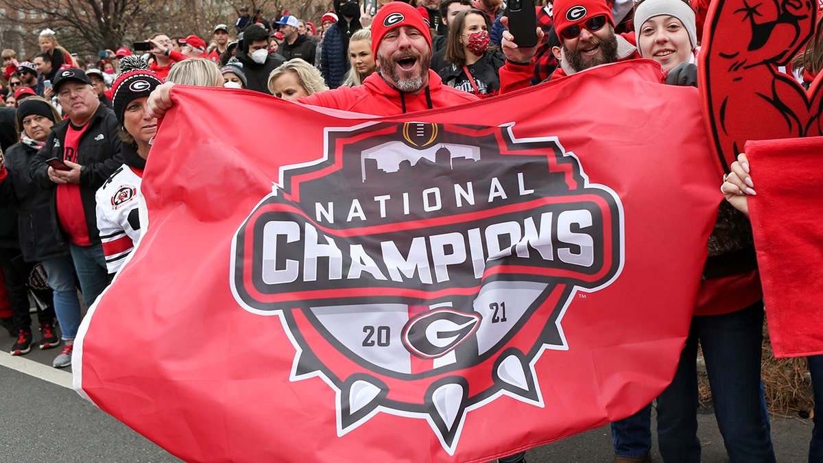 Jan 15, 2022; Athens, Georgia, USA; Georgia Bulldogs fans celebrate at the Georgia Bulldogs National Championship Celebration at Sanford Stadium.