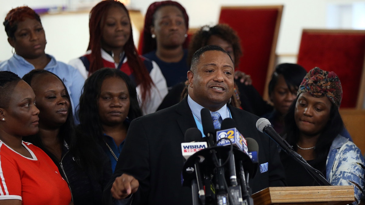 Marvin Hunter, Laquan McDonald's great-uncle, speaks to the media at a church in Chicago after guilty verdicts were delivered in the murder trial of Chicago police officer Jason Van Dyke on Friday, Oct. 5, 2018. (Terrence Antonio James/Chicago Tribune/TNS)