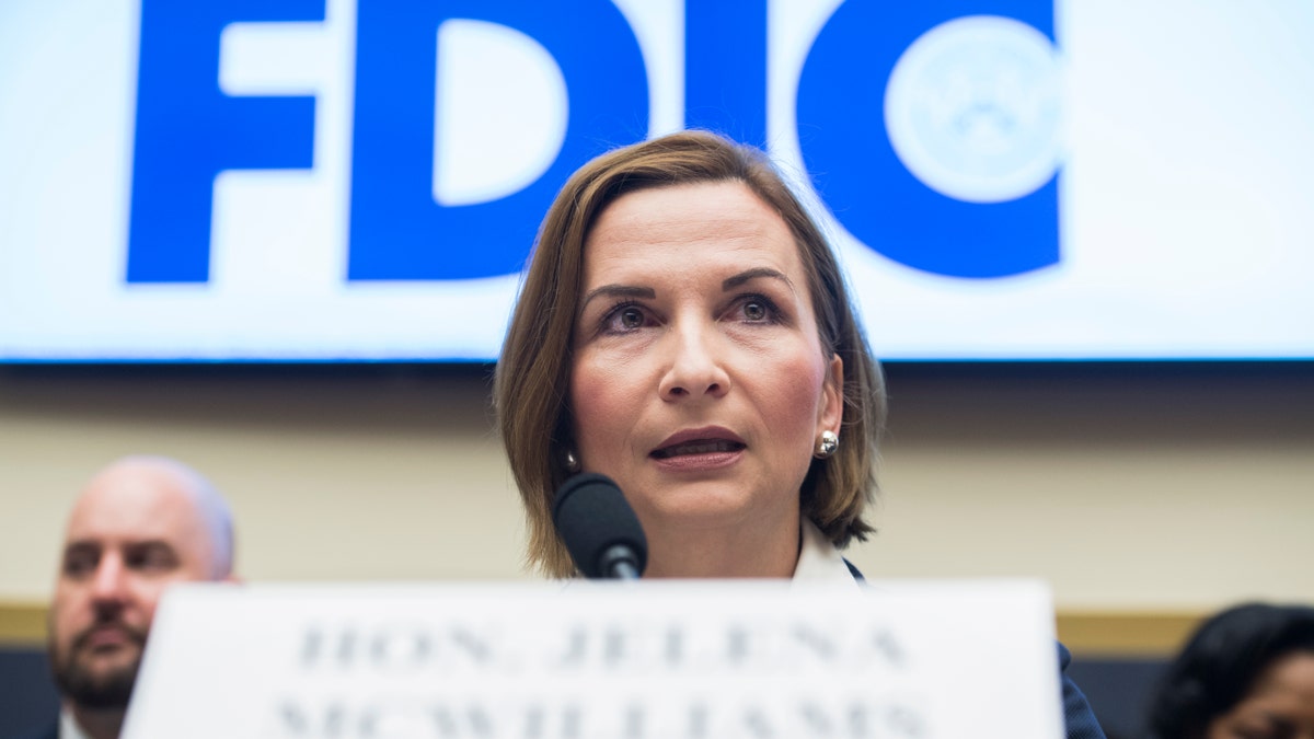 UNITED STATES - MAY 16: Jelena McWilliams, chairman of the Federal Deposit Insurance Corporation, testifies during a House Financial Services Committee hearing in Rayburn Building titled "Oversight of Prudential Regulators: Ensuring the Safety, Soundness and Accountability of Megabanks and Other Depository Institutions," on Thursday, May 16, 2019. (Photo By Tom Williams/CQ Roll Call)