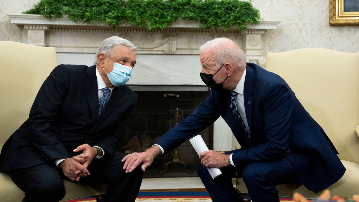 President Biden speaking with Andres Manuel Lopez Obrador, Mexico's president, at the White House in November 2021.