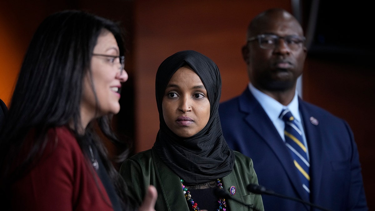 From left, Rep. Rashida Tlaib, D-Mich., Rep. Ilhan Omar, D-Minn., and Rep. Jamaal Bowman, D-N.Y., take questions during a news conference about Islamophobia on Capitol Hill on Nov. 30, 2021, in Washington, D.C. 