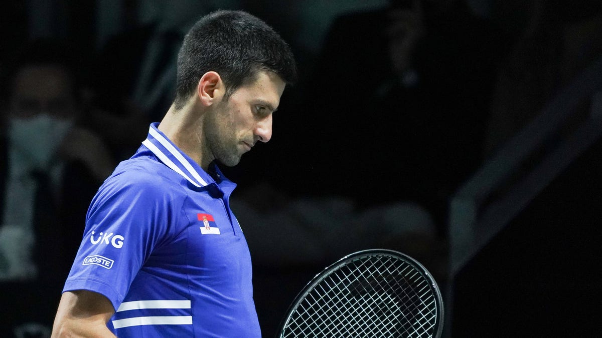 Novak Djokovic of Serbia in action during the Davis Cup Finals 2021, Semifinal 1, tennis match played between Croatia and Serbia at Madrid Arena pabilion on December 03, 2021, in Madrid, Spain.  