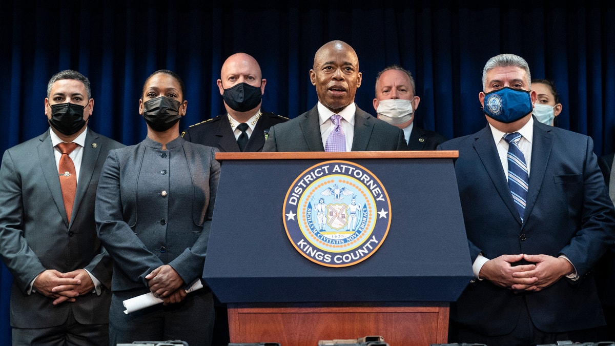 NEW YORK, UNITED STATES - 2022/01/04: Mayor Eric Adams speaks during a press conference by Brooklyn DA Eric Gonzalez in the District Attorney office. Eric Gonzalez was joined by mayor Eric Adams, Police Commissioner Keechant Sewell, NYPD (New York Police Department) Chief of Department Kenneth E. Corey, NYPD Chief of Detectives James Essig and other police executives and detectives. Gonzalez announced indictment of 17 gang members of murders and gun violence across Brooklyn. 20 guns owned by those gang members were on display during the presser. Out of 17 indicted people 14 were already in custody at the time of the press conference. (Photo by Lev Radin/Pacific Press/LightRocket via Getty Images)