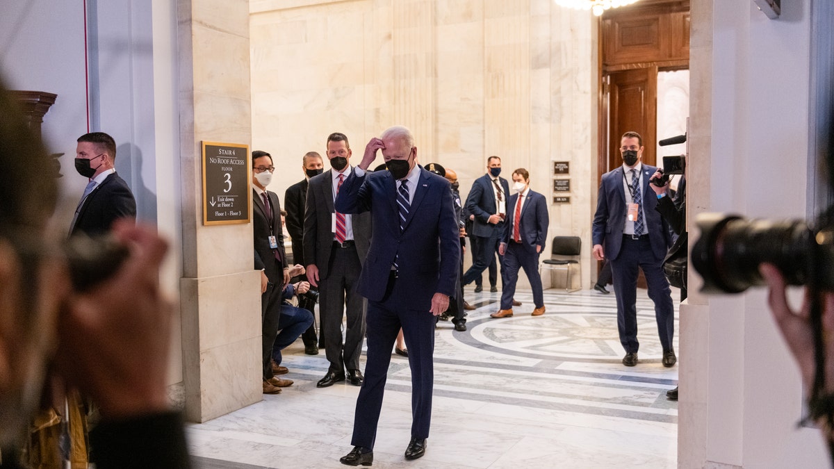 President Joe Biden at the Capitol to speak with Senate Democrats