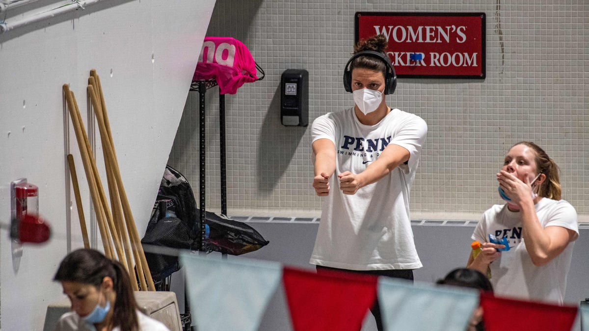 Lia Thomas, a transgender woman, warms up before swimming for the University of Pennsylvania at an Ivy League meet against Harvard University in Cambridge, Massachusetts, on Jan. 22, 2022. 