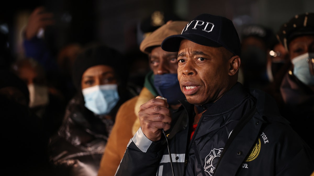 NEW YORK, NY - JANUARY 22: Mayor Eric Adams speaks as hundreds of police officers and FDNY officers are gathered at 32nd Precinct for vigil over two officers shot in Harlem of New York City, United States on January 22, 2022. 
