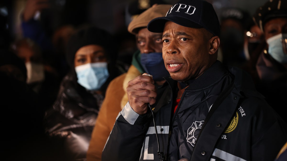 NEW YORK, NY - JANUARY 22: Mayor Eric Adams speaks as hundreds of police officers and FDNY officers are gathered at 32nd Precinct for vigil over two officers shot in Harlem of New York City, United States on January 22, 2022. 