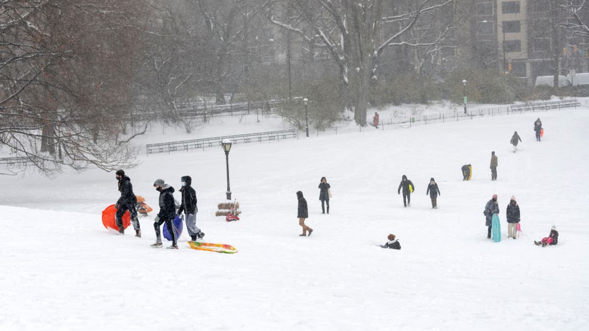 Students sled on snow in New York City