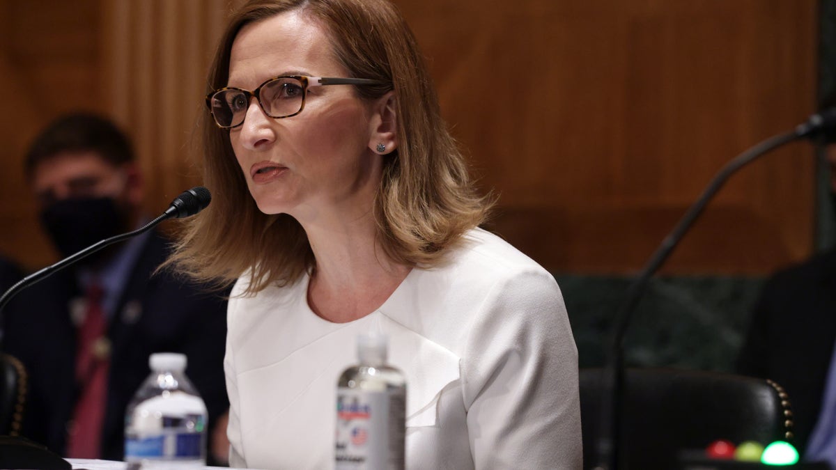 WASHINGTON, DC - AUGUST 03: Chairman of Federal Deposit Insurance Corporation (FDIC) Jelena McWilliams testifies during a hearing before Senate Banking, Housing and Urban Affairs Committee at Dirksen Senate Office Building August 3, 2021 on Capitol Hill in Washington, DC. The committee held a hearing on 