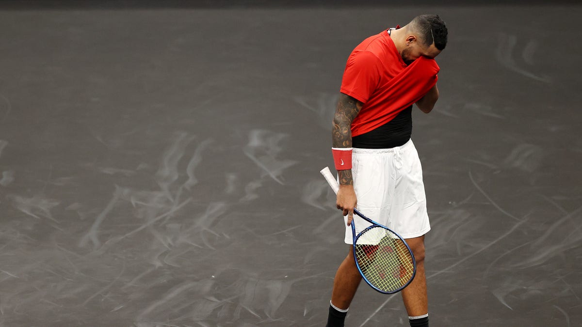 Nick Kyrgios of Team World reacts during his match against Stefanos Tsitsipas of Team Europe on Day 2 of the 2021 Laver Cup at TD Garden on Sept. 25, 2021, in Boston, Massachusetts.