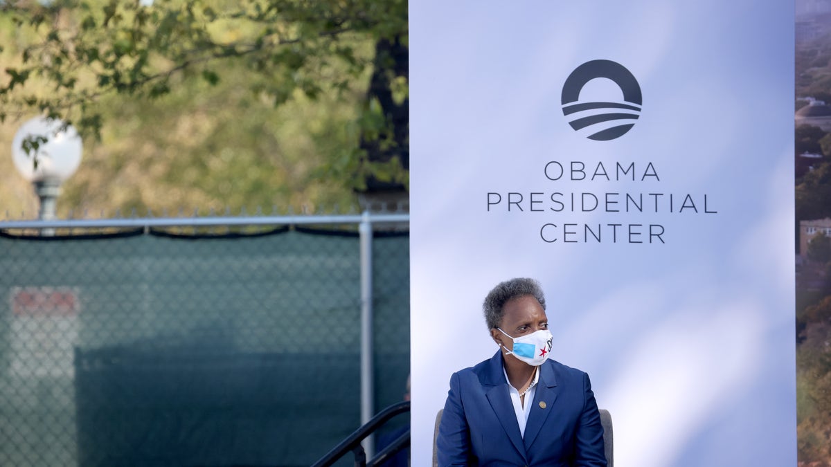 Chicago mayor Lori Lightfoot listens as former U.S. President Barack Obama speaks during a ceremonial groundbreaking at the Obama Presidential Center in Jackson Park on September 28, 2021 in Chicago, Illinois. 