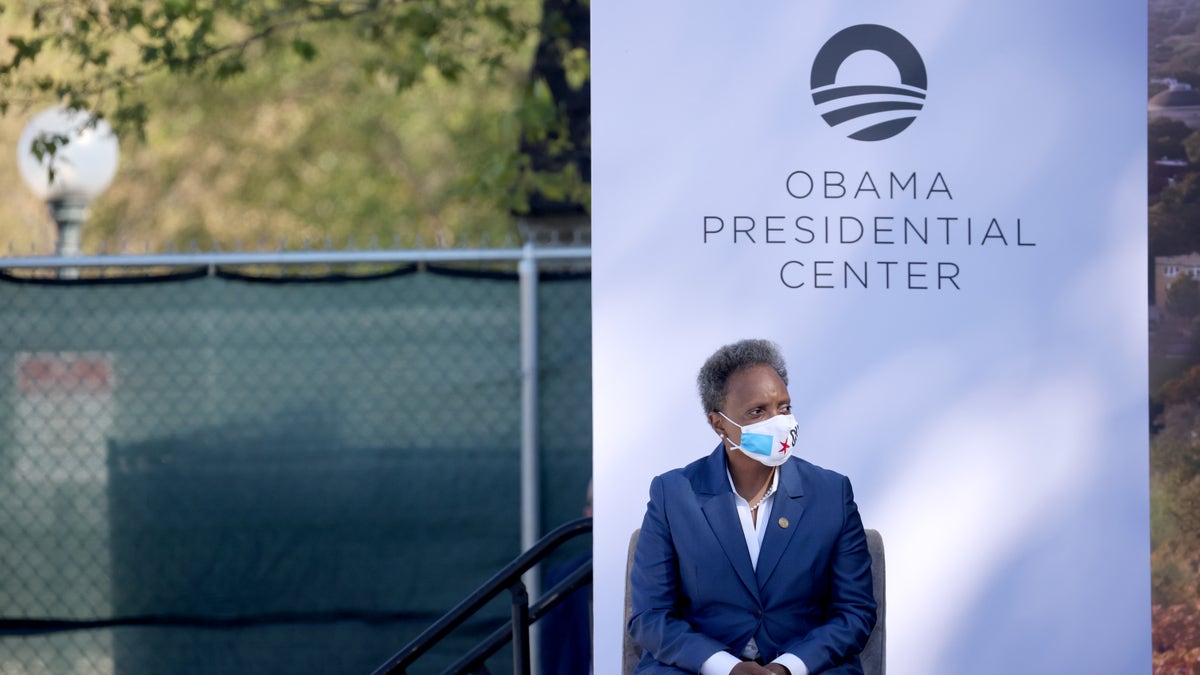 Chicago mayor Lori Lightfoot listens as former U.S. President Barack Obama speaks during a ceremonial groundbreaking at the Obama Presidential Center in Jackson Park on September 28, 2021 in Chicago, Illinois.