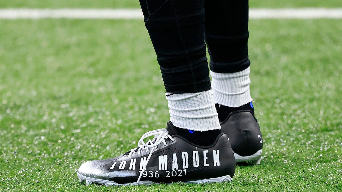 The cleats of DeSean Jackson #1 of the Las Vegas Raiders honoring John Madden before the game against the Indianapolis Colts at Lucas Oil Stadium on Jan. 2, 2022 in Indianapolis, Indiana.
