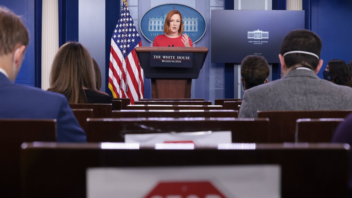 White House press secretary Jen Psaki answers questions during the daily White House press briefing.