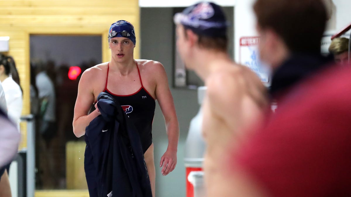 Lia Thomas of the Pennsylvania Quakers after winning the 500-meter freestyle event during a tri-meet against the Yale Bulldogs and the Dartmouth Big Green at Sheerr Pool on the campus of the University of Pennsylvania on Jan. 8, 2022, in Philadelphia. 