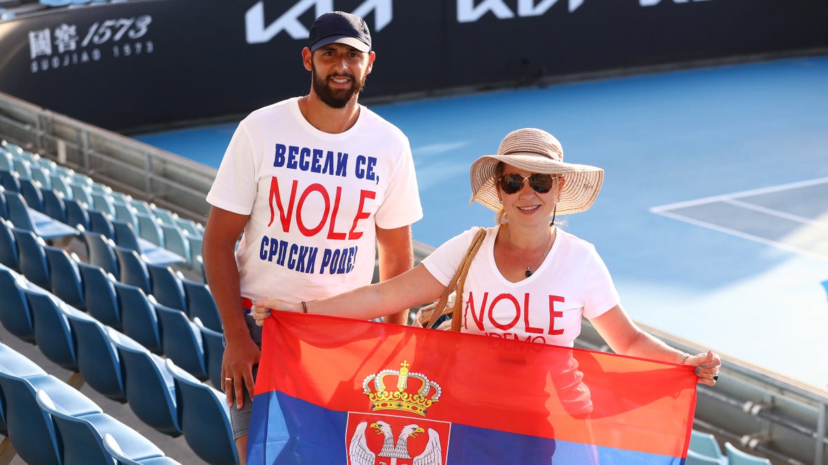 Serbian fans show their support during day one of the 2022 Australian Open at Melbourne Park on Jan. 17, 2022 in Melbourne, Australia. 