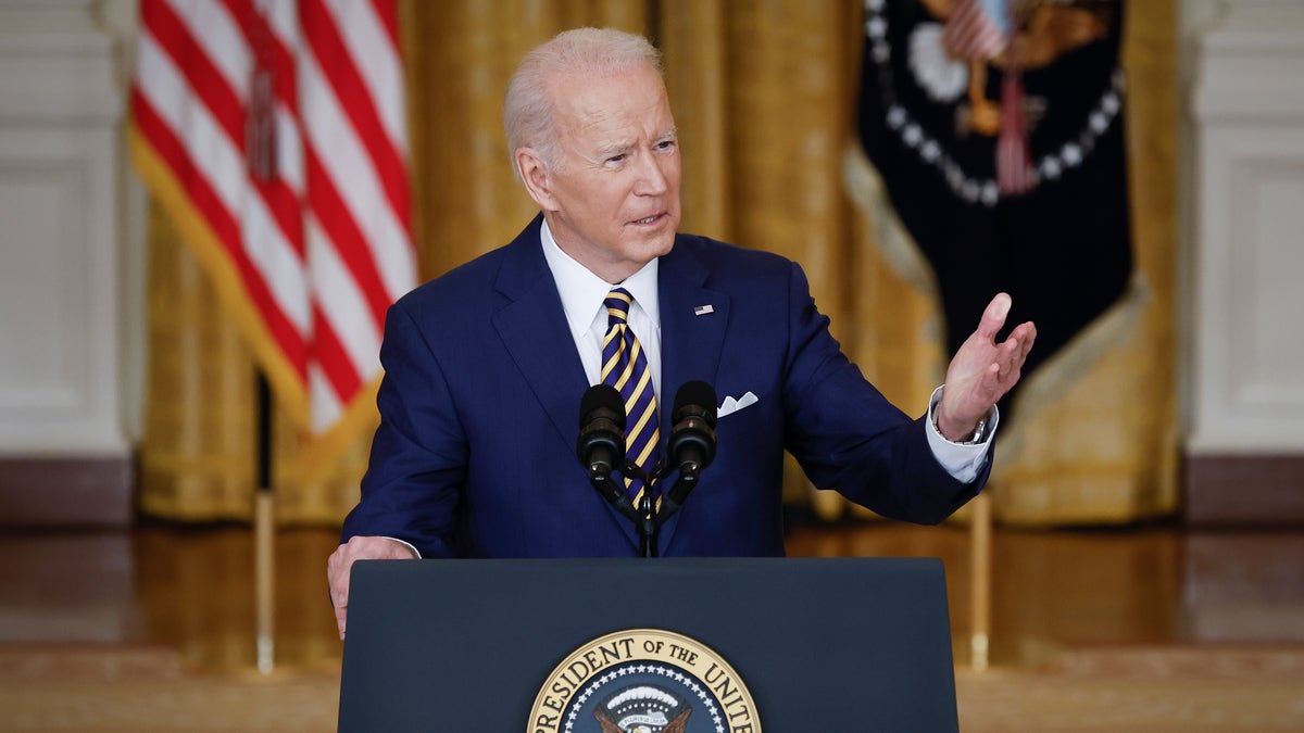 President Joe Biden addresses reporters questions at press conference in Washington