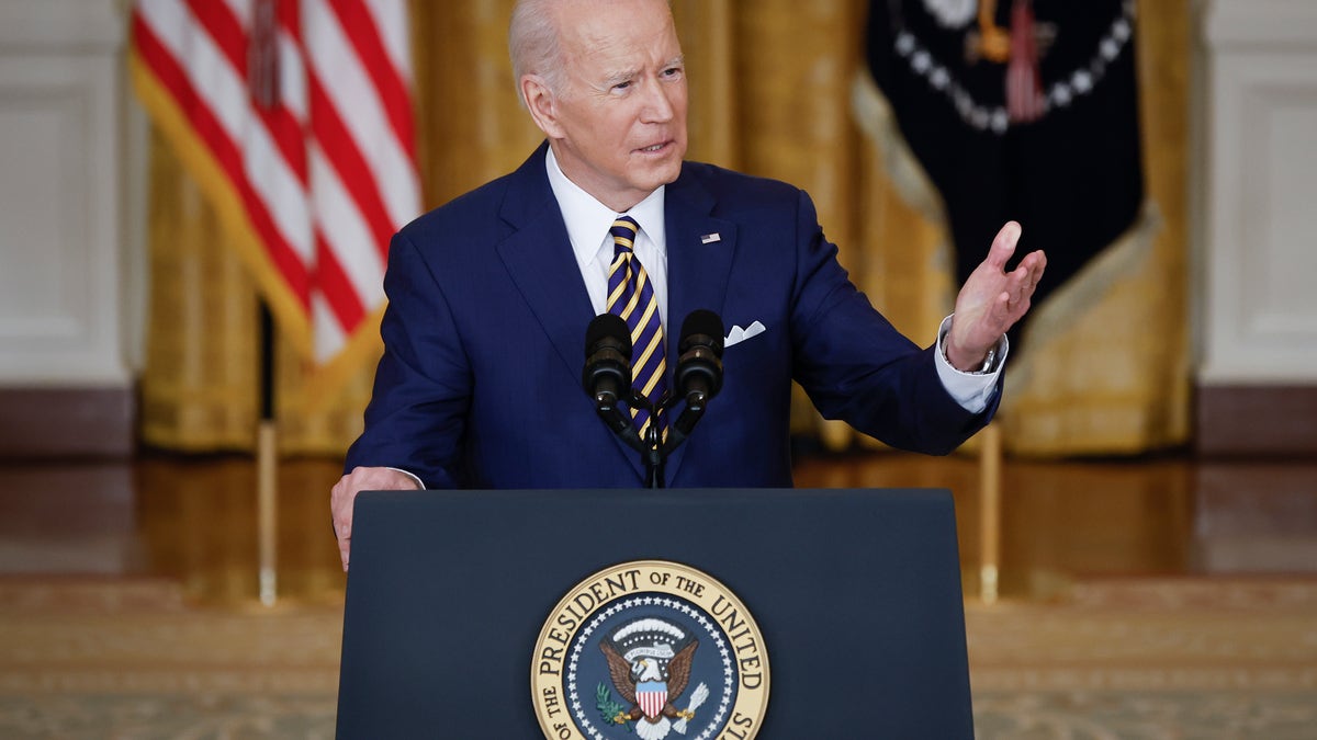 President Joe Biden addresses reporters questions at press conference in Washington