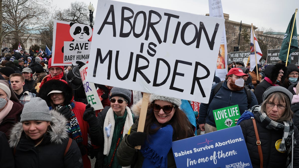 Anti-abortion activists march past the U.S. Supreme Court as they participate in the 49th annual March for Life on Jan. 21, 2022, in Washington. (Win McNamee/Getty Images)