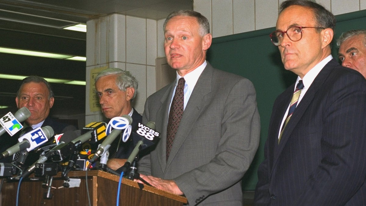 Press conference at the 20th Precinct with Mayor Rudy Giuliani, police commissioner Howard Safir and parks commissioner Henry Stern on June 5, 1996. 