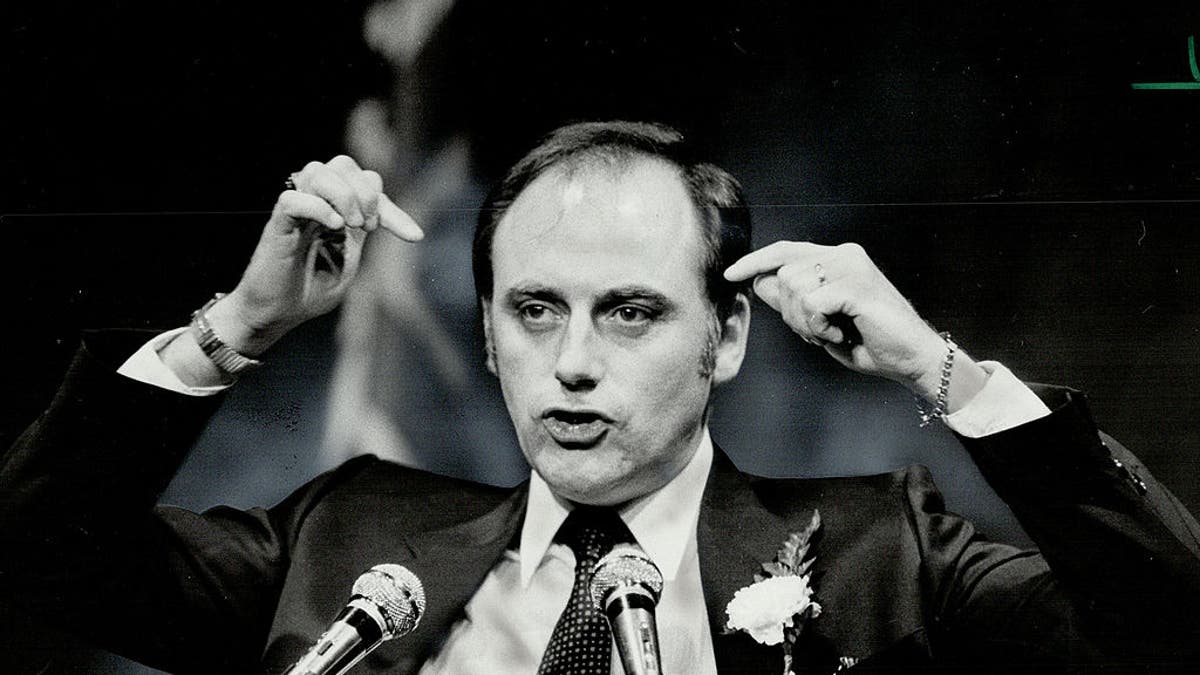 Former Newfoundland and Labrador Premier Brian Peckford gestures during a speech in Toronto, Ontario, on June 2, 1982. (Photo by Frank Lennon/Toronto Star via Getty Images)
