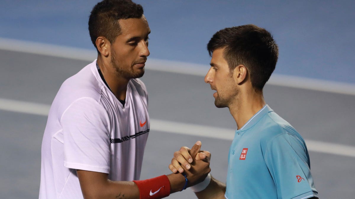 Novak Djokovic of Serbia snakes hands with Nick Kyrgios of Australia after losing the match as part of the Abierto Mexicano Telcel 2017 at the Fairmont Acapulco Princess on March 2, 2017 in Mexico.
