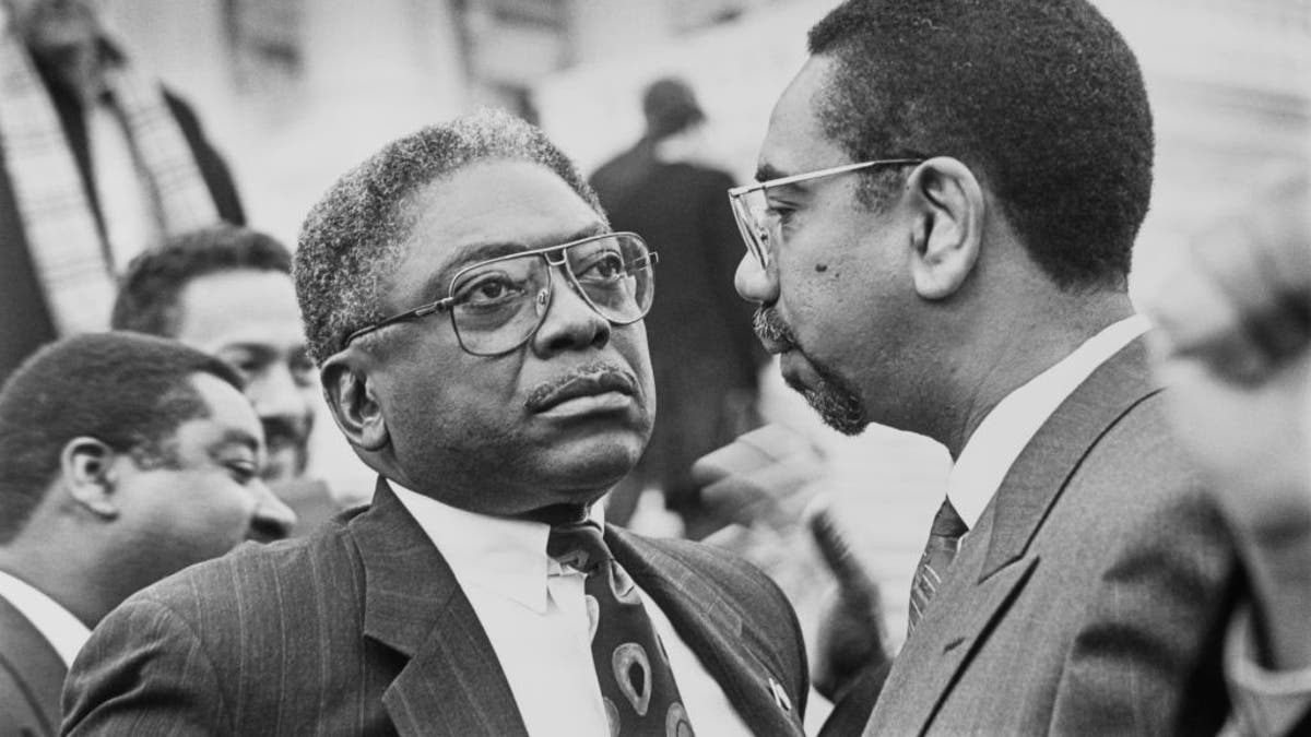 Rep. Jim Clyburn, D-S.C. with Bobby Rush, D-Ill. after Freshman Class Portrait on Dec. 2, 1992. (Photo by Maureen Keating/CQ Roll Call via Getty Images)