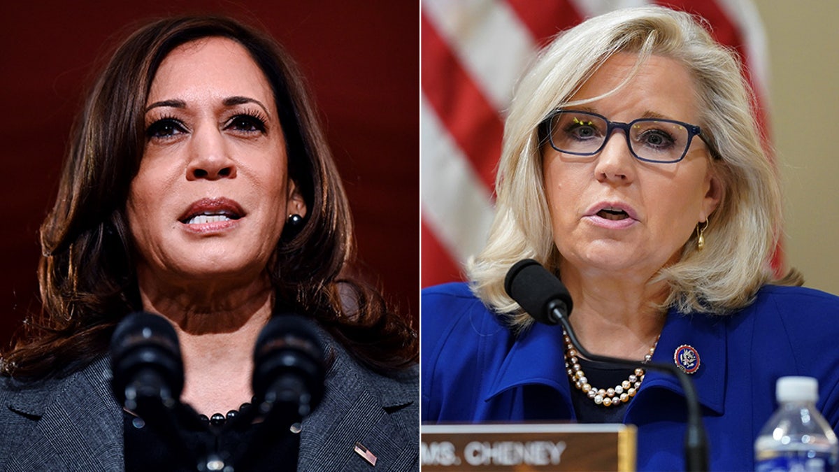 Vice President Kamala Harris and Wyoming Congresswoman Elizabeth Cheney are shown.