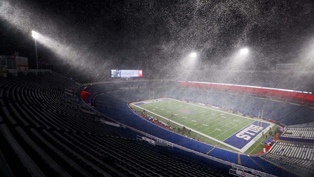 A general view of Highmark Stadium as snow falls before the game between the New England Patriots and the Buffalo Bills on Dec. 06, 2021, in Orchard Park, New York.