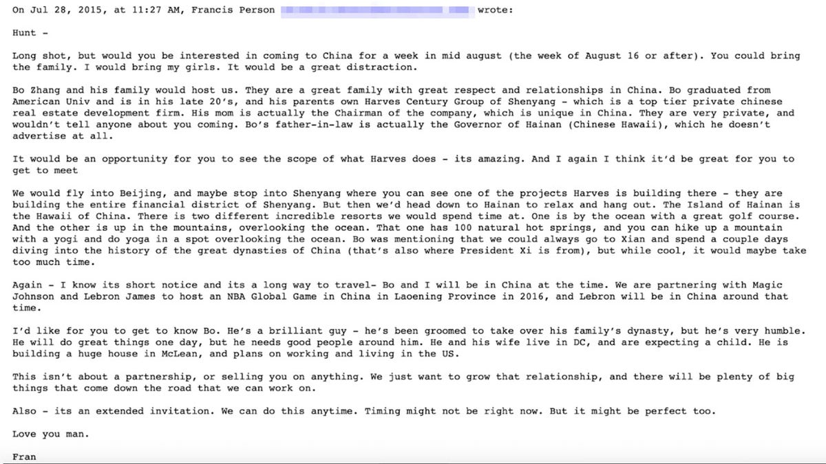 Fran Person emailed Hunter Biden in July 2015 laying out how powerful Zhang's family was in China with a real estate empire and that Zhang was "being groomed to take over his family’s dynasty."